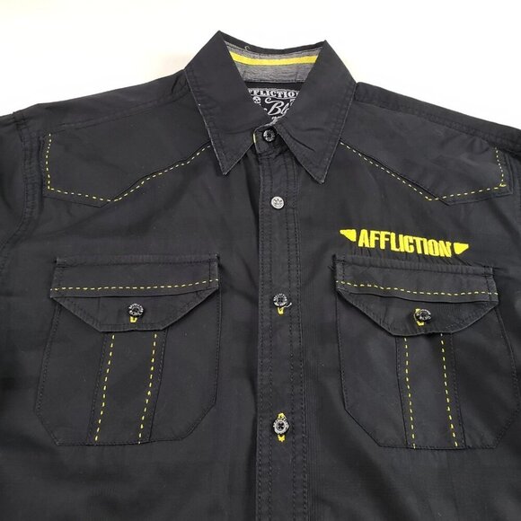 Affliction Button Front Embroidered Shirt Mens Large Black Long Sleeve Casual - Picture 2 of 15
